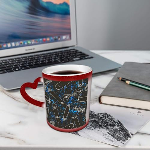 AELKSP Kaffeetassen – Farbwechseltasse, Magic Mug,Thermobeschichtung, 335ml, Keramik - Geschenkidee Männer, Frauen,Muster mit weißem Kontur-Cartoon-Skateboard für Jungen und Mädchen auf Blob-verzierte
