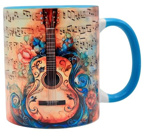 Shopi Zone Tazza in ceramica con disegno artistico di chitarra acustica e spartiti - Tazza ideale per musicisti e amanti della musica