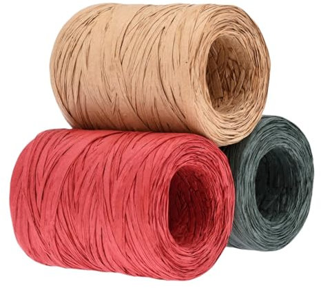 HSTWODE 3 Rollen 100M Raffiabast Papierband,Rot,Grüne Und Naturbast Bast Weihnachten Raffia Bastband Natur Bindebast für Weihnachten Geschenkverpackung, Weben, DIY Handwerk Dekoration