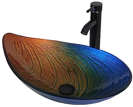 YU YUSING Lavabo da Appoggio in Vetro, Lavabo da Bagno, Lavandino Ovale con Rubinetto, per Bagno, Cucina, Ospiti, WC, Moderno Multicolore, Lavandino a Forma di Conchiglia, 56 x 34 x 17 cm