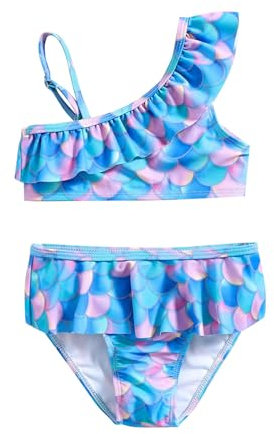 pvucpot Costume da Bagno per Ragazze Due Pezzi Spalle Inclinate Asimmetriche Volant Bikini da Spiaggia con Estivo Stampa Fondo Bikini per 1-6 Anni