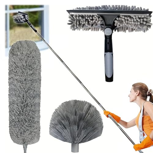 Plumeau Télescopique,Kit De Dépoussiérage Haute Portée De De 4.25 M, Microfibre Lavable,Balai Toile d'Araignée,Tete de Loup Telescopique pour Plafonds, Fenêtres, Meubles, Stores (Grey)