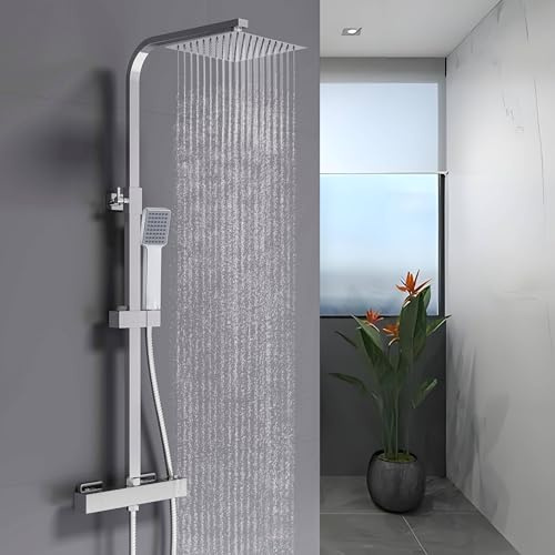 HAPAOSO Colonne de Douche Thermostatique Laiton, Ensemble de Douche en Acier Inoxydable, Réglable en Hauteur, Carré