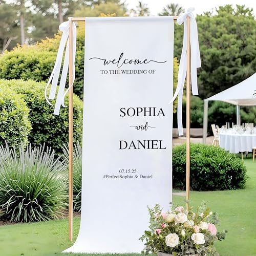 JeathFea Cartelli di matrimonio personalizzati, cartello di benvenuto personalizzato, decorazioni per la cerimonia di nozze, Segno di matrimonio personalizzato, arazzo personalizzato con nome e data
