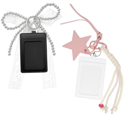 Portafoto K-pop da 2 pezzi con portachiavi, portafoto portatile con finestra trasparente, con nastro e ciondolo, bianco e nero per PC Card, Lomo Card, badge identificativo, borsa e cordino.