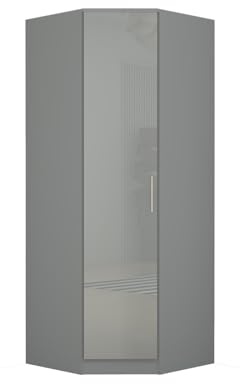 URBAN FURNISHING High Gloss Corner Wardrobe with Clothing Rail and Shelves – Single Door Tall Wardrobes for Bedroom | Sleek Bedroom Wardrobes for Clothes, Shoes & Toy Storage (Gray)