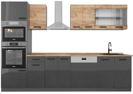 Vicco Küchenzeile R-Line, Goldkraft Eiche/Anthrazit, 300 cm zweifarbige Schränke, AP Eiche