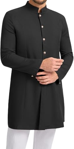 YAOHUOLE Thobe for Men Indian Mandarin Collar Attire Ethnic Outfits Kurta Set Black M