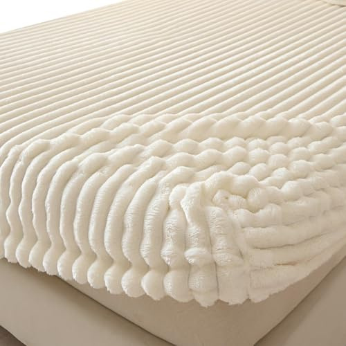 Plüsch Spannbettlaken Cord Bettlaken Winter Leintuch Flauschig Bettbezug Warm Spannbetttücher Spannleintuch Spannbetttuch(Off White,120x200cm)