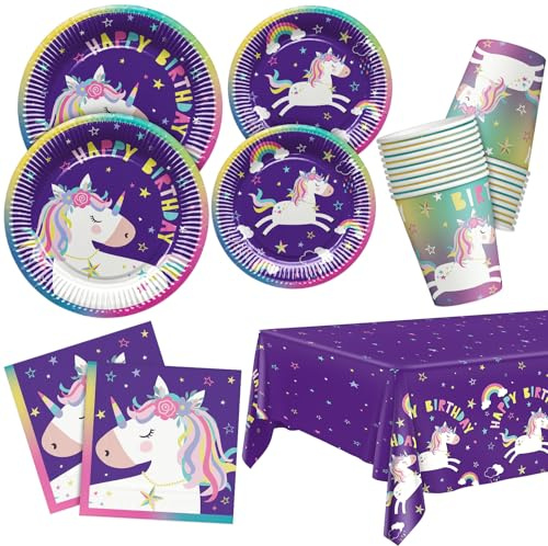 HNH Unicorn Birthday Paper Plates Napkins Cups Set Tablecover Disposable Tableware for Happy Birthday Party