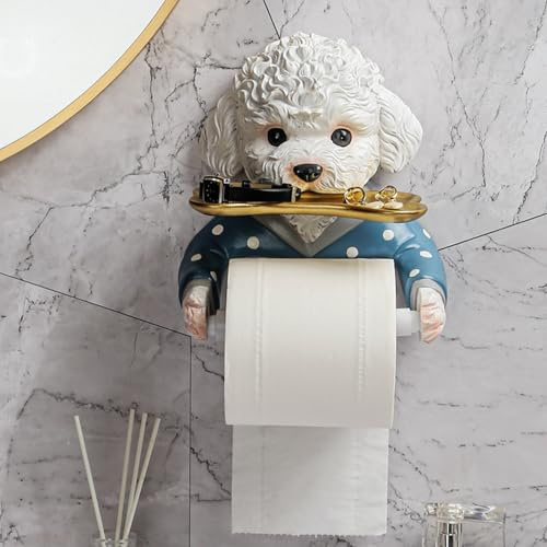 Toilet Roll Holder Cute Teddy Dog Shape Drill-Free Toilet Paper Holder with Shelf Wall Mounted Waterproof Corrosion-Resistant Paper Roll for Bathroom, Decoración del jardín