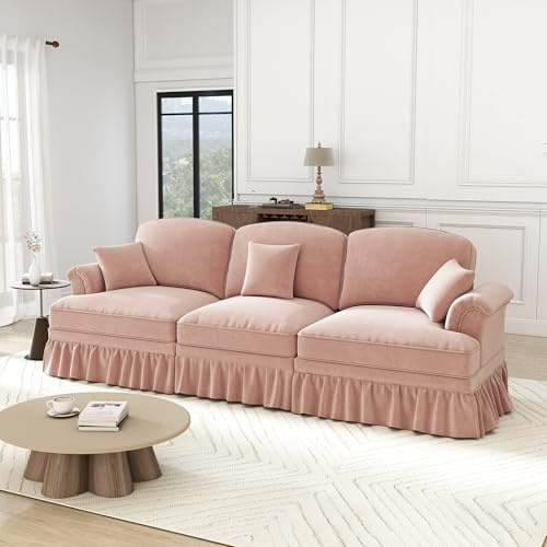 Maisentiel Elegantes Mid-Century 3-Sitzer Sofa aus Chenille mit Trichter-Armlehnen, Abnehmbarer Rüschenschürze & spindelförmigen Beinen – Komfortables Sofa fürs Wohnzimmer,rosa