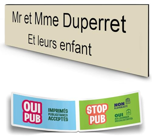 DECOHO - Plaque Boite aux Lettres personnalisée adhésive - Plastique Beige Lettres Noires - 100x25 mm - 2 Lignes + Stickers Stop Pub offe - Beige