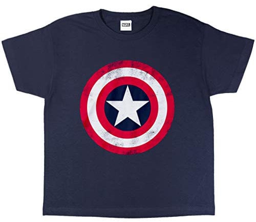 Marvel Avengers Assemble Captain America Distressed Shield T-Shirt, Kids, 3-15 Years, Navy, Official Merchandise
