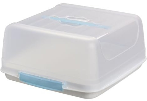 Engelland Recht-Eckige Kuchen-Transportbox mit Griff, Deckel und 2-fach Klick-Verschluss, Farbe: Hellblau/Transparent, L 27,5 cm x B 26,5 x H 12,5 cm, BPA-frei, Torten-haube, quadratisch
