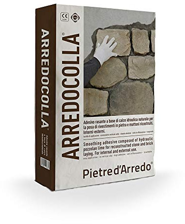 ARREDOCOLLA, adhesivo rasante en polvo de alto rendimiento para la colocación de piedras y ladrillos reconstruidos. Saco de 25 kg. Rendimiento 6-7 kg/m².