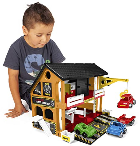 Wader 25470 - Play House Auto-Werkstatt, Spielhaus mit 3 Fahrzeugen, Servicebereich, Hebebühne und Kran, ca. 59 x 15 x 39,5 cm groß, ab 3 Jahren, ideal als Geschenk für kreatives Spielen