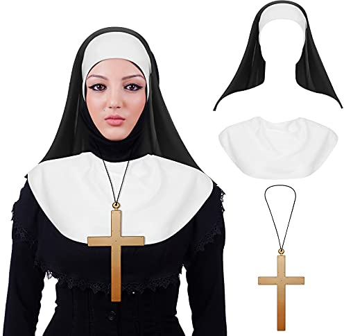 Syhood 3 Stücke Halloween Nonne Kostüm Zubehör Nonne Hut Weiß Nonne Kragen Gold Kreuz Anhänger Halskette für Halloween Cosplay Party