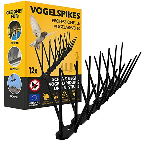 Konzept 11 - Vogelabwehr Spikes aus Kunststoff gegen Tauben, Katzen, Spatzen, Schwalben - Taubenabwehr für Balkon, Garten, Terasse - Vogelschreck 3-reihig, Set 12 STK.- Schwarz