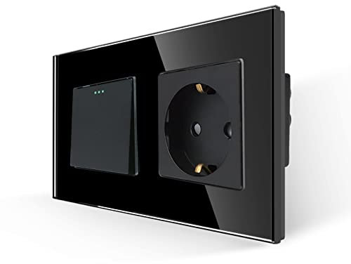 JIMEIDA Lichtschalter mit Schuko Steckdose Schwarz Unterputz, 1 Fach 1 Weg mit Glas Platte, Modernem Kristall Wippschalter Wandschalter, mit Leuchtstoffpunkten, 10 Amp, 250 V