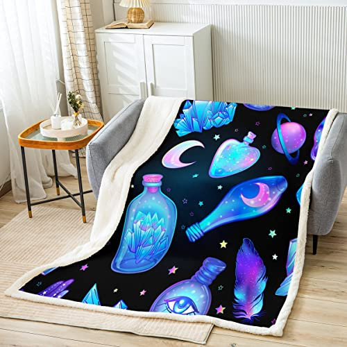 Homewish Mond und Sterne Decke Blauer Farbverlauf Wunsch Flasche Decke Werfen 150 x 200 Boho Evil All Seeing Eyes Fleece Decke Trippy Weltraum Fleece Decke Mädchen Pastell Fleece Decke