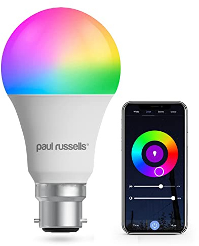 paul russells Smart LED GLS Bulb, 8.5W B22, Bayonet,Works with Amazon Alexa and Google Home Light Bulbs,60W Energy Saving, No Hub Required, Multicolor, RGBCW 2700K-6500K Wi-Fi 2.4GHz Only, Pack of 1