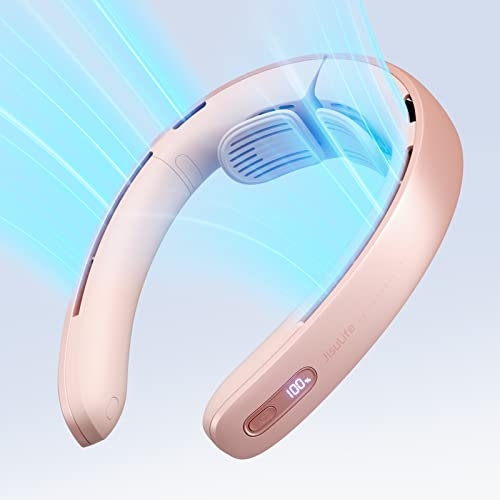 JISULIFE Neck Fan Pro, 100 Speeds Bladeless, Portable Stepless Knob, LED Display, 5000mAh Rechargeable Personal, Mini Hands Free, USB Battery Operated Wearable Fan-Pink