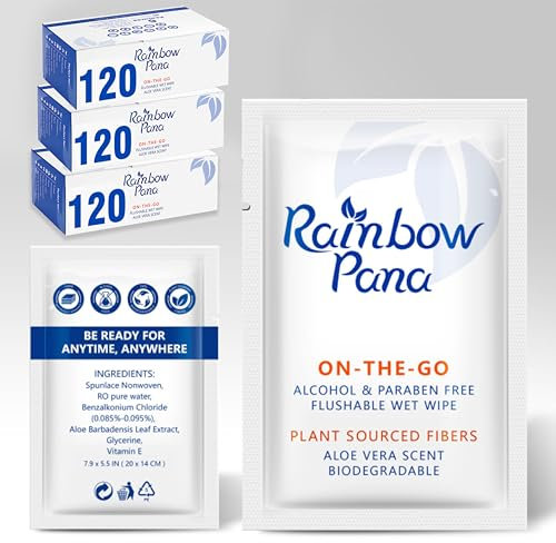 RainbowPana Flushable Wipes, 360 Count, ON-THE-GO Individually Wrapped - Butt Wipes for Women and Men, Travel Wipes for Family - Infused with Vitamin E and Natural Aloe, pH Balanced,