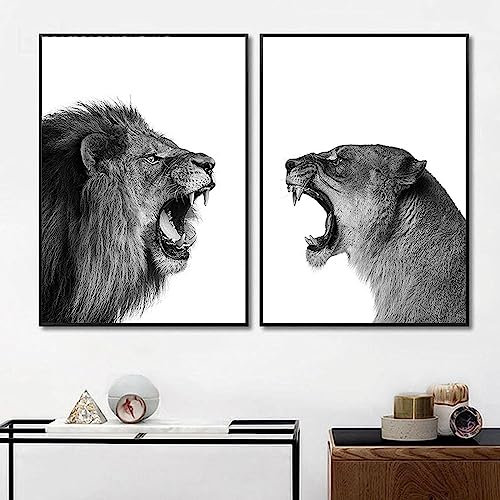 MHLCMG Leinwand Malerei Löwe und Löwin Bilder Wandkunst Schwarz Weiß Tier Poster Kunstdruck Bild Wand Wohnzimmer Schlafzimmer Dekor Kein Rahmen (2X50X70CM)