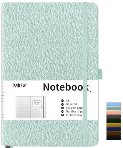 Mlife Notizbuch A5 Kariert,200 Seiten Notizbücher Hardcover,Premium 100gsm Tintenfestes Papie Dickes,PU Hard Cover Notebook,Innentasche,Elastisch Gebändert,Bullet journal&Notizblock,Tagebuch(Blaugrün)