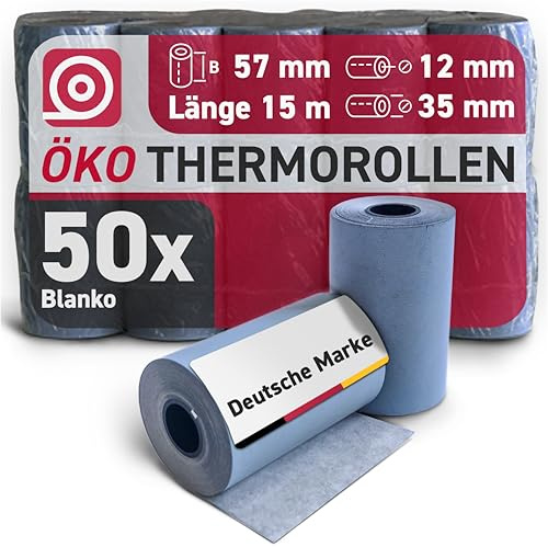 Gebongt24 Blue4est® Öko Thermorolle 57 mm x 15m x 12 mm - umweltfreundliches Thermopapier 52 g/m² - 50 Kassenrollen mit ca. 35 mm Rollendurchmesser - Ökobon für EC-Cash und Kassenbondrucker