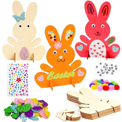 Funmo 75 Stück Hasen aus Holz zum Bemalen, DIY Osterhase Deko, Hasen aus Holz zum Bemalen, Bunte Mini Pompons mit Kulleraugen, Klebepunkte Bunt, Glitzersteine Selbstklebend, Ostern Basteln Kinder