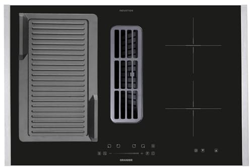 Oranier FlexX-Induktionskochfeld 80 cm KFA490 mit Kochfeldabzug - großes Kochfeld mit Abluft-Umluft & Grillplatte gerillt & Edelstahl Seitenleisten