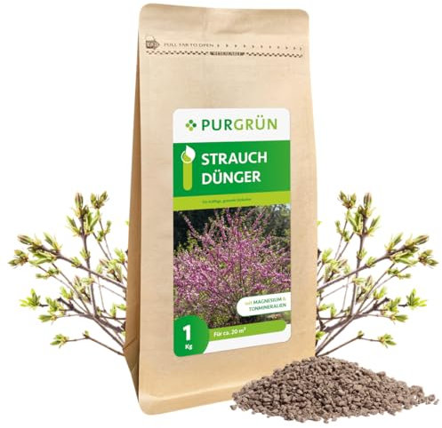 Purgrün® Strauchdünger 1 kg – Organisch-mineralische Rezeptur – Feinkörniges Krümelgranulat – NPK 5+4+6 – Extra Magnesium für leuchtend grüne Blätter – Fördert die Blütenbildung