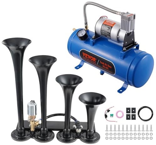 VEVOR Kit de 4 Bocinas de Trompeta Bocina de Automóvil de 150 dB con Compresor de Aire de 90-120 PSI Tanque de Aire de 6 L Bocina de Aire Universal de 12 V para Todos los Vehículos Trenes Barcos Auto
