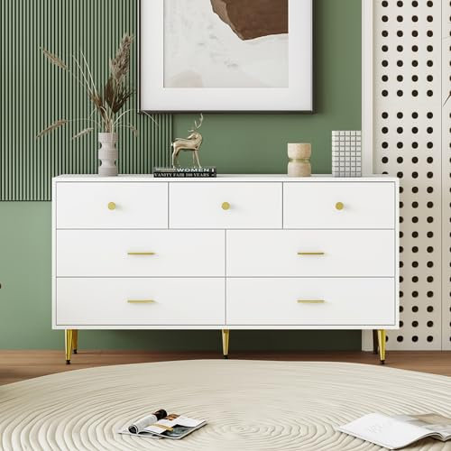 Merax Commode blanche avec 7 tiroirs, commode moderne, 140 cm de large, multifonctionnelle, avec beaucoup d'espace de rangement, pieds en métal, poignée dorée, pour chambre à coucher, salon, couloir