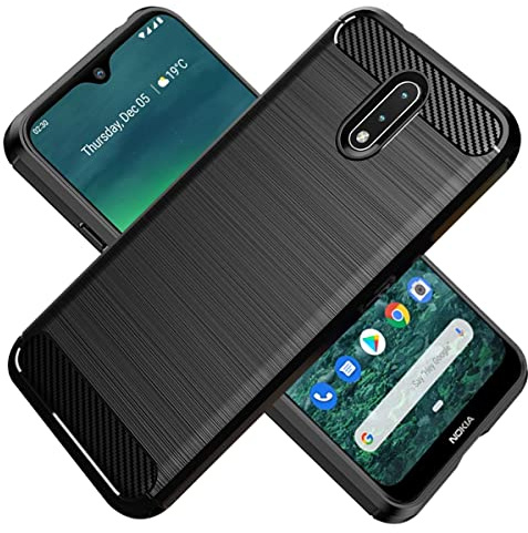 HTXWXJC Schutzhülle für Nokia 2.3, TA-1211, TA-1214, TA-1206, TA-1209, dünn, Karbonfaser, TPU, Gummi, kratzfest, stoßfest, Schwarz