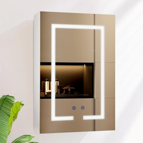 AxisFurn Armoire de Toilette avec éclairage LED, 3 lumières réglables, Armoire de Toilette Petite avec étagère et Prise de Courant, Murale Anti-buée Peu encombrante, 40 * 60cm
