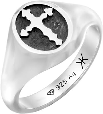 Kuzzoi Herren Silber Ring mit Kreuz Symbol aus 925 Sterling Silber Siegelring mit Emaille Platte für den Mann in der Ringgröße 62