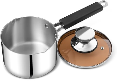 Herogo Stainless - Cazo de acero inoxidable (16 cm, con tapa de cristal, olla pequeña con boquilla, utensilios de cocina multiusos para cerámica/eléctrica/inducción, apto para lavavajillas)