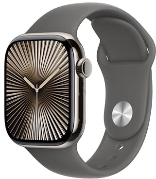 Apple Watch Series 10 (GPS + Cellular 42 mm) Smartwatch mit Titangehäuse in Natur und Sportarmband in Steingrau (M/L). Fitnesstracker, EKG App, Always-On Retina Display, Wasserschutz