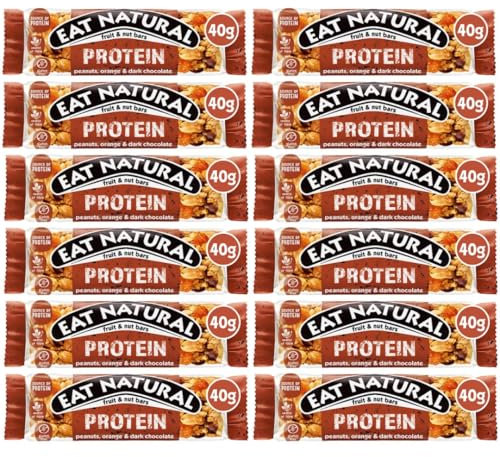 Eat Natural Fruit and Nut Bars Protein Full case Full Flavours 12x40g - Vegan gluten free, source of fibre, yoghurt coating, berries, peanut protein bars (Protein Peanuts, Orange & Dark Chocolate)