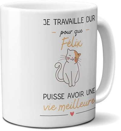 DECOHO – Tazas y tazas de café: Taza personalizable de cerámica – objeto personalizable – Yo trabajo para mi gato – Regalo humoristi
