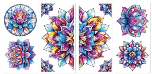 Peacoblue UV DTF Rub-On Transferfolie Möbel-Sticker Buntes Mandala-Lotus Muster 15x30cm, 3 Stk. Wasserfeste Deko-Transferaufkleber für Möbel Gläser Porzellan Wäscheschränke Kommoden Holz Kunststoff