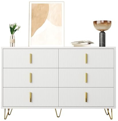 KecDuey Kommode 120 x 40 x 77cm,Elegantes Sideboard mit modernem Design, Kommode und viel Stauraum, goldene Griffe (Weiß + Gold)