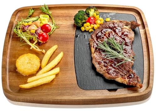 LiWiBet Servierbrett aus Akazienholz mit Schieferplatte, Steakbrett Holz Schiefer Serviertablett, Servierplatte für Steak, Sushi, Käse, Burger
