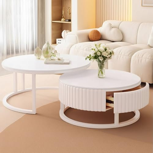 SeraphicCharm Couchtisch Rund Weiss 2er Set 50+70cm Runder Couchtisch Marmor Mit Stauraum Modern Wohnzimmertisch Weiß Mit Holz Schublade Tisch Wohnzimmer Ausziehbar Satztische Fürs Wohnzimmer