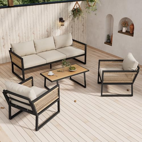 Merax Garten Loungesessel Set 5 Sitze – Outdoor Gartenmöbel Set mit 3-Sitzer Sofa, 2 Sesseln & Couchtisch – Wetterfeste Sitzgruppe – Beige