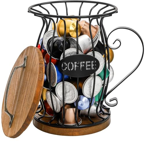 WRINGKIT Rustic Coffee Pod Holder with Lid, Holds 12 Pods, Cute Cup Shape | Small K Cup Holder with Wooden Lid and Base, Coffee Capsule Pods Container Storage Basket for Kitchen Office Bar Counter