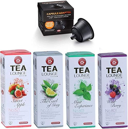 Teekanne Tealounge Tee-Kapsel Set – 32 aromatische Tee-Kapseln (4 Sorten je 8 Stück): Mint Experience, Sweet Apple, The Earl of Grey & Wild Berry + 1x Kapsel-Adapter für Dolce Gusto Maschinen